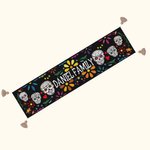 Personalized Mexican Floral Sugar Skull Table Runner with Text and Tassels Gothic Festival Decoration Day of the Dead Gift for Family