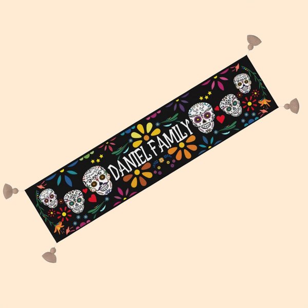 Personalised Mexican Floral Sugar Skull Table Runner with Text and Tassels Gothic Festival Decoration Day of the Dead Gift for Family