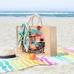 Personalized Cute Cartoon Woman Resort Summer Time Coconut Tree Jute Tote Bag with Name Holiday Travel Beach Party Gift for Her