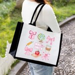 Personalized Pink Coquette Bow Pencil Globe Large Canvas Tote Bag with Text Teacher's Day Thank You Gift for Teacher