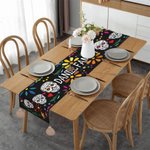 Personalized Mexican Floral Sugar Skull Table Runner with Text and Tassels Gothic Festival Decoration Day of the Dead Gift for Family
