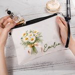 Personalized Colourful Birth Flower Bouquet Linen Makeup Bag with Wrist Strap and Name Bridal Shower Travel Accessories Gift for Her