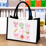 Personalized Pink Coquette Bow Pencil Globe Large Canvas Tote Bag with Text Teacher's Day Thank You Gift for Teacher