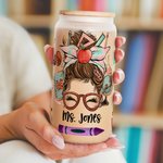 Personalizzato divertente Cartoon Donne Matita Mela Tema Insegnante 20 oz Bicchiere di vetro smerigliato con nome Apprezzamento Regalo di ritorno a sc