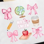 Personalized Pink Coquette Bow Pencil Globe Large Canvas Tote Bag with Text Teacher's Day Thank You Gift for Teacher