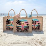Personalized Cute Cartoon Woman Resort Summer Time Coconut Tree Jute Tote Bag with Name Holiday Travel Beach Party Gift for Her