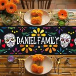 Personalized Mexican Floral Sugar Skull Table Runner with Text and Tassels Gothic Festival Decoration Day of the Dead Gift for Family