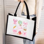 Personalized Pink Coquette Bow Pencil Globe Large Canvas Tote Bag with Text Teacher's Day Thank You Gift for Teacher