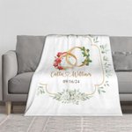 Personalised Birth Flower and Birth Leaf Rings Soft Throw Blanket with Name and Date Wedding Anniversary Home Decor Gift for Couple