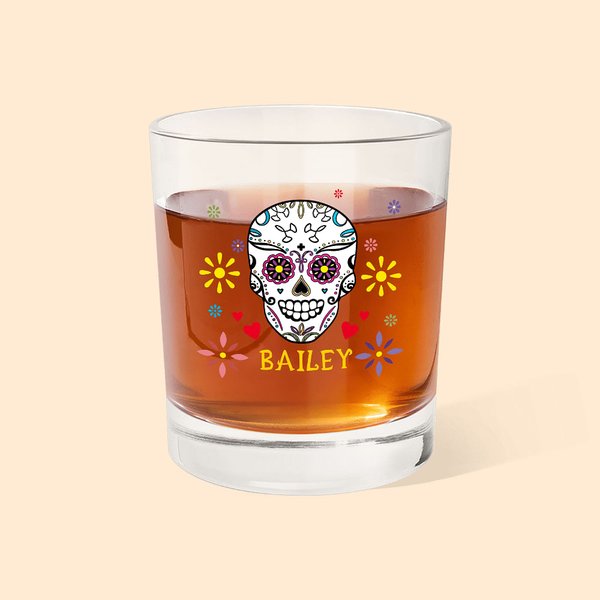 Personalized Mexican Floral Sugar Skull 10oz Old Fashioned Whiskey Rocks Glass with Name Gothic Day of the Dead Gift for Family Friend