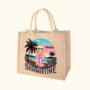 Personalized Cute Cartoon Woman Resort Summer Time Coconut Tree Jute Tote Bag with Name Holiday Travel Beach Party Gift for Her