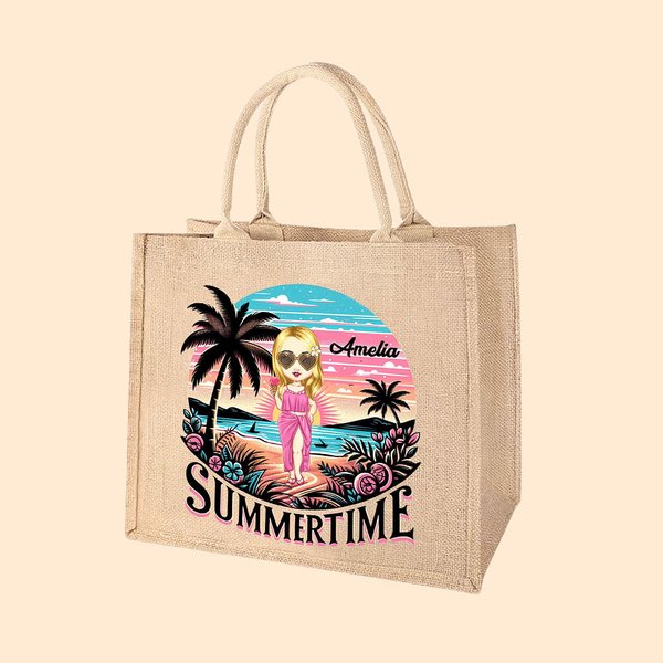Personalised Cute Cartoon Woman Resort Summer Time Coconut Tree Jute Tote Bag with Name Holiday Travel Beach Party Gift for Her