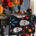 Personalized Mexican Floral Sugar Skull Table Runner with Text and Tassels Gothic Festival Decoration Day of the Dead Gift for Family