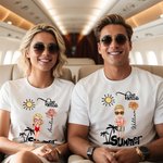 Personalised Hello Summer Palm Tree Cartoon 100% Cotton T-Shirt with Birth Flower and Name Holiday Beach Party Birthday Gift for Women Men