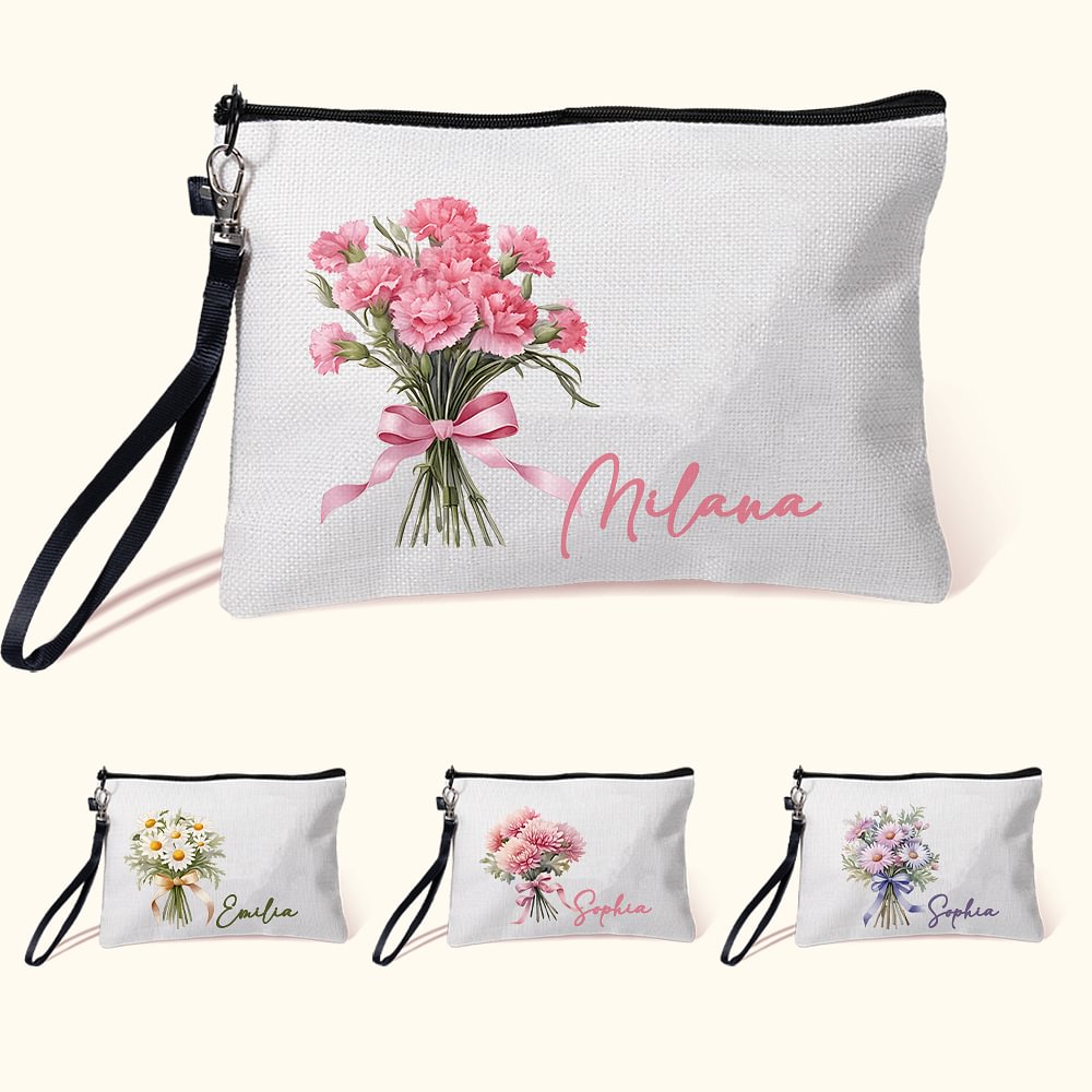 Trousse de Maquillage en Lin Personnalisée avec Bouquet de Fleur de Naissance Sac avec Bracelet Accessoire de Voyage Cadeau Fête Mariage pour Femme