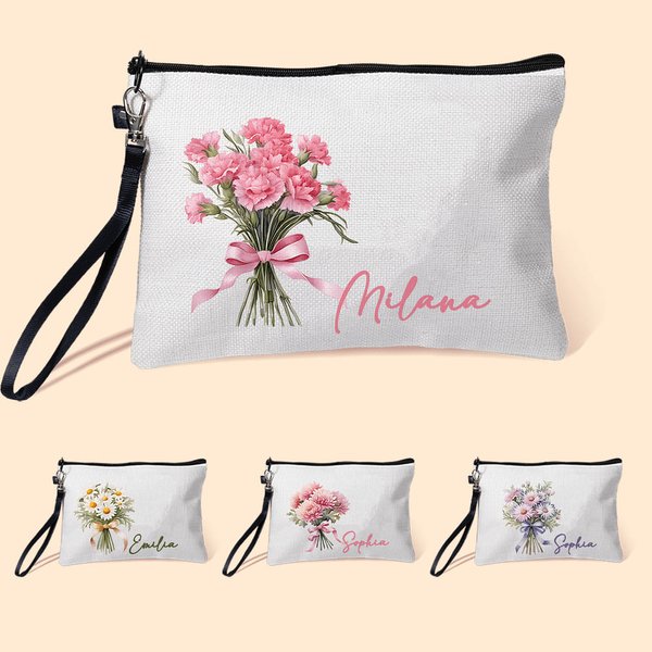 Trousse de Maquillage en Lin Personnalisée avec Bouquet de Fleur de Naissance Sac avec Bracelet Accessoire de Voyage Cadeau Fête Mariage pour Femme