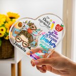 Personalised Funny Cartoon Pencil Apple Teach Love Inspire Acrylic Heart Plaque with Name Desk Decor Appreciation Back to School Gift for Teacher