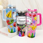 Personalised Colourful Composition Book Apple Crayon 40oz Insulated Tumbler with Name and Straw Back to School Appreciation Gift for Teacher