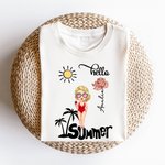 Personalised Hello Summer Palm Tree Cartoon 100% Cotton T-Shirt with Birth Flower and Name Holiday Beach Party Birthday Gift for Women Men