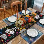 Personalized Mexican Floral Sugar Skull Table Runner with Text and Tassels Gothic Festival Decoration Day of the Dead Gift for Family