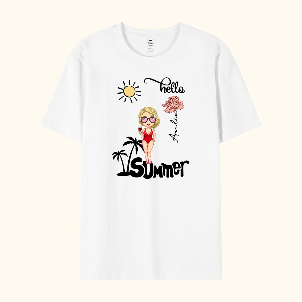 T-Shirt 100% Coton Personnalisé avec Personnage Fleur de Naissance et Nom Style d'Été Palmier Cadeau Anniversaire Vacances Fête à la Plage pour Femme