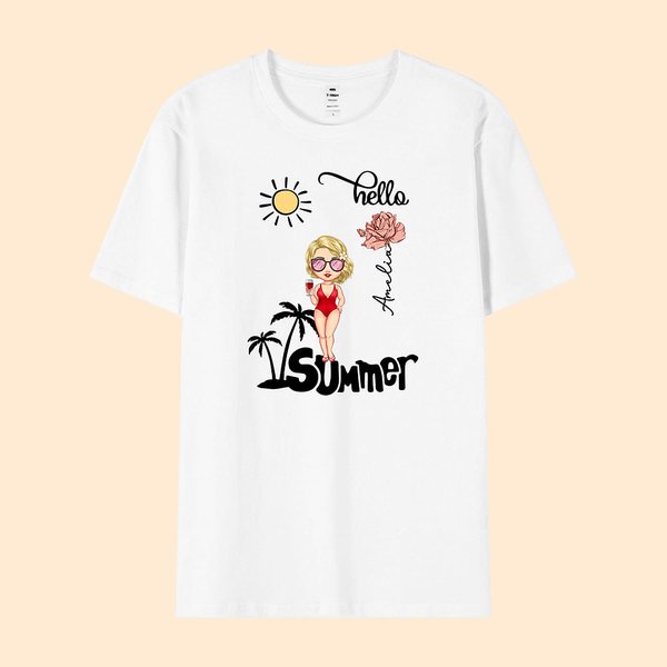 T-Shirt 100% Coton Personnalisé avec Personnage Fleur de Naissance et Nom Style d'Été Palmier Cadeau Anniversaire Vacances Fête à la Plage pour Femme