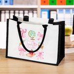 Personalized Pink Coquette Bow Pencil Globe Large Canvas Tote Bag with Text Teacher's Day Thank You Gift for Teacher