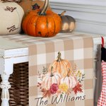 Personalisierte Aquarell Kürbis Check Plaid Leinen Quaste Tabelle Läufer mit Text Herbst Festival Dekoration Thanksgiving Halloween Geschenk für Familie