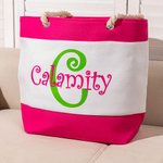 Personalised Colourful Striped Large Waterproof Canvas Beach Tote Bag with Initial and Name Summer Holiday Travel Essential Gift for Women