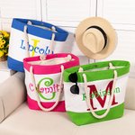 Personalised Colourful Striped Large Waterproof Canvas Beach Tote Bag with Initial and Name Summer Holiday Travel Essential Gift for Women