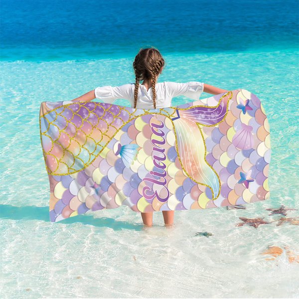 Serviette de Plage Super Absorbante Personnalisée avec Nom Motif Sirène Accessoire des Vacances Cadeau d'Été pour Elle