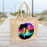 Sac en Toile de Jute Personnalisé avec Nom Fleur de Naissance Dessin de Fille sur Plage Cadeau Mariage Fête pour les Femmes