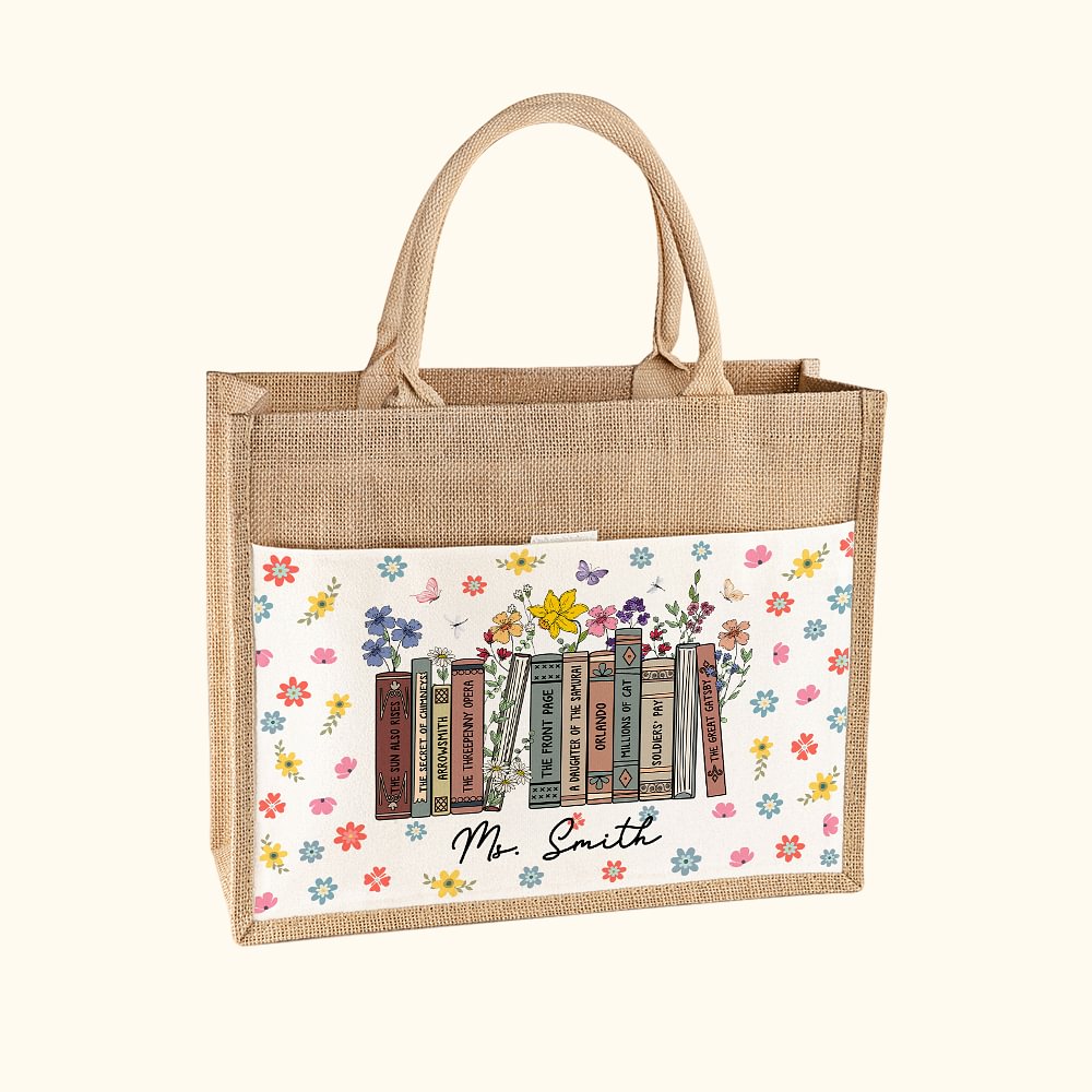 Sac en Toile de Jute Personnalisé avec Nom et Titre de Livre Floral Cadeau d'Anniversaire de Rentrée Scolaire pour Enseignant Amoureux de la Lecture