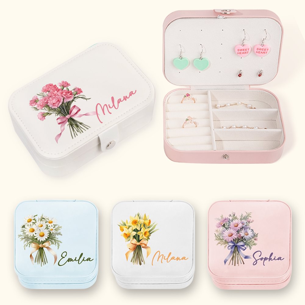 Boîte à Bijoux Portable en Cuir Personnalisée avec Nom et Fleurs de Naissance Cadeau d'Anniversaire Mariage et Enterrement de Vie de Jeune Fille
