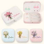 Personalized Birth Flower Bouquet Portable Leather Jewellery Case with Name Travel Essentials Birthday Wedding Bachelorette Party Gift for Her