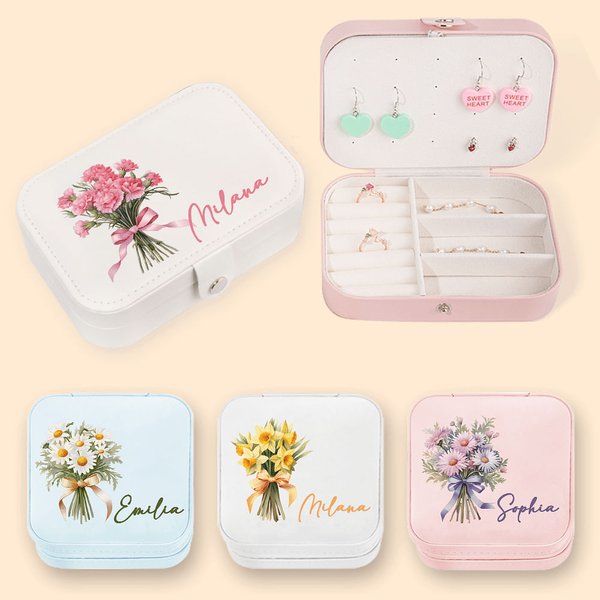 Personalisierte Geburt Blume Bouquet Portable Leder Schmuckkoffer mit Namen Travel Essentials Geburtstag Hochzeit Bachelorette Party Geschenk für sie