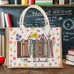 Libro floreale di primavera personalizzato Borsa in tela di iuta di grande capacità con nome Regalo di ringraziamento per l'insegnante amante della le
