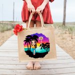Sac en Toile de Jute Personnalisé avec Nom Fleur de Naissance Dessin de Fille sur Plage Cadeau Mariage Fête pour les Femmes