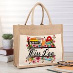 Personalized Pencil Peach Blossom Name Jute Tote Bag with Front Pocket Teacher's Day Appreciation Gift for Teacher