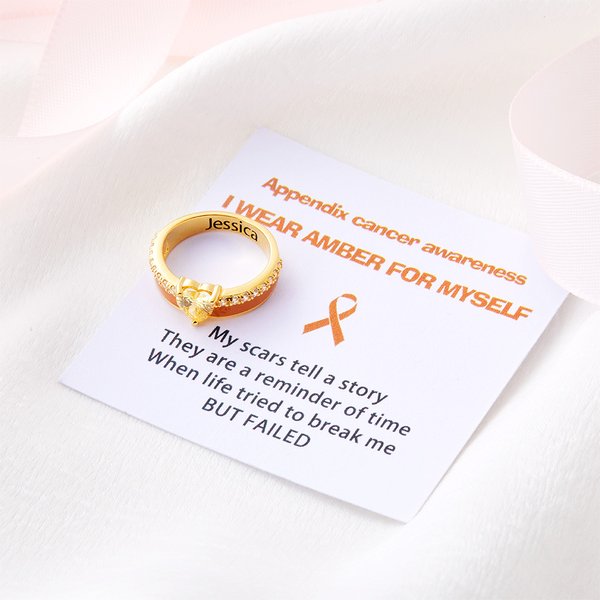 Personalized I Wear for Myself Heart Birthstone Ribbon Ring with Engraved Name and Affirmation Card Cancer Awareness Survivor Gift for Women