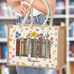Libro floreale di primavera personalizzato Borsa in tela di iuta di grande capacità con nome Regalo di ringraziamento per l'insegnante amante della le