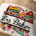 Personalized Pencil Peach Blossom Name Jute Tote Bag with Front Pocket Teacher's Day Appreciation Gift for Teacher