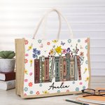 Libro floreale di primavera personalizzato Borsa in tela di iuta di grande capacità con nome Regalo di ringraziamento per l'insegnante amante della le