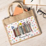 Personalized Wildflowers Book Design Jute Tote Bag with Name and Book Title Back to School Birthday Gift for Teacher Reading Lover
