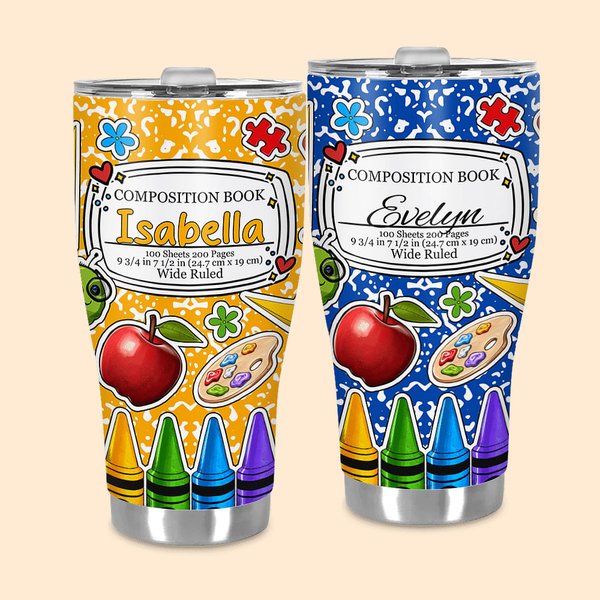 Libro di composizione colorato personalizzato con design a pastello di mela e bicchiere isolato da 30 oz con nome e cannuccia Regalo di apprezzamento 