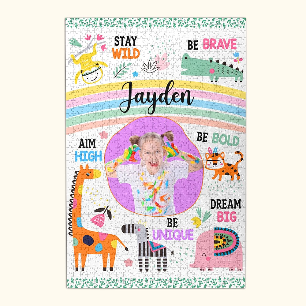 Puzzle en 1000 Pièces Personnalisé avec Nom Photo Accessoire d'Éducation avec Affirmations Positives et Animaux Safari Cadeau Anniversaire pour Enfant