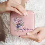 Personalized Birth Flower Bouquet Portable Leather Jewellery Case with Name Travel Essentials Birthday Wedding Bachelorette Party Gift for Her