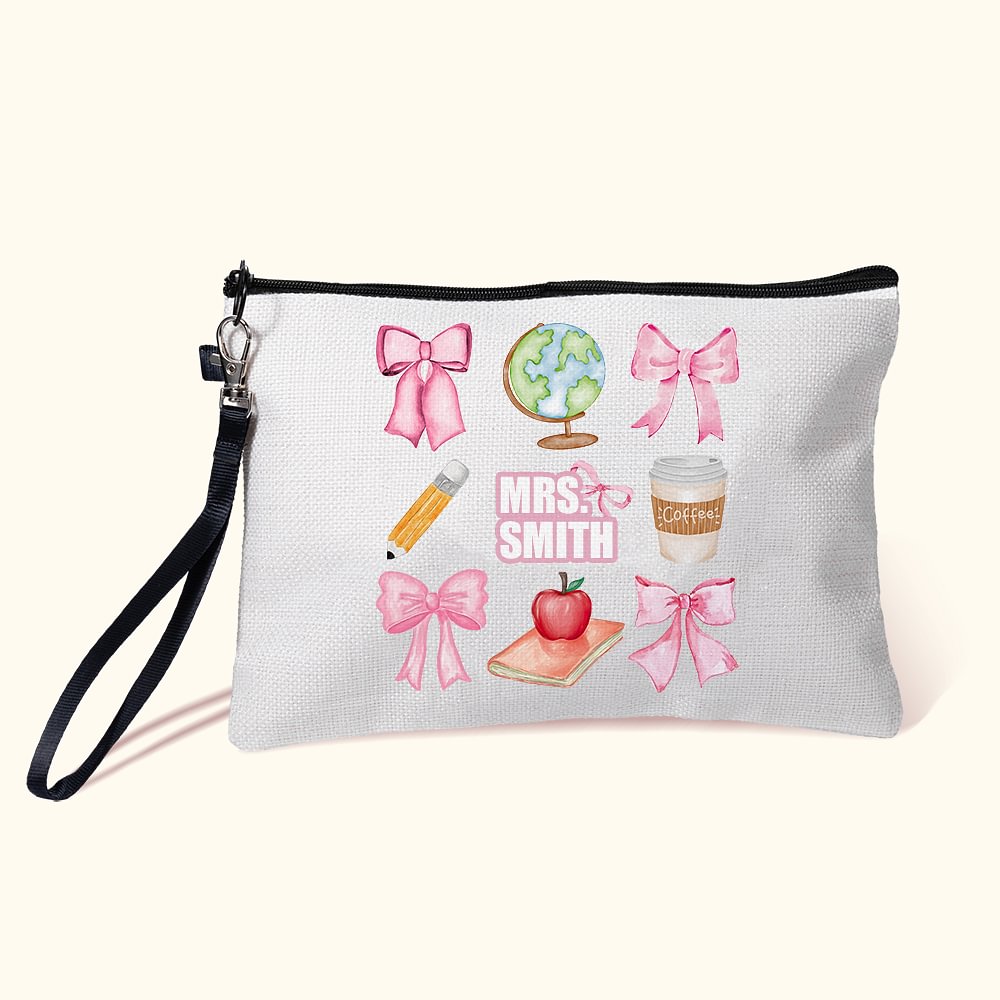 Trousse de Maquillage avec Bracelet Personnalisée avec Nom Motif Noeud Papillon Crayon Pomme Cadeau Remerciement Rentrée Scolaire pour Enseignant