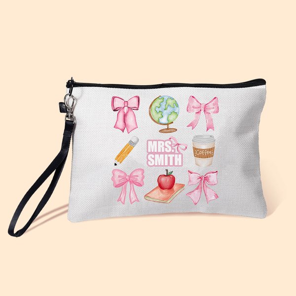 Personalized Coquette Bow Pencil Apple Globe Portable Linen Wristlet Makeup Bag with Name Back to School Appreciation Gift for Teacher