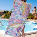 Asciugamano da spiaggia personalizzato con nome, carino, da sirena, ad asciugatura rapida e sovradimensionato, per la festa delle vacanze e per gli accessori estivi.